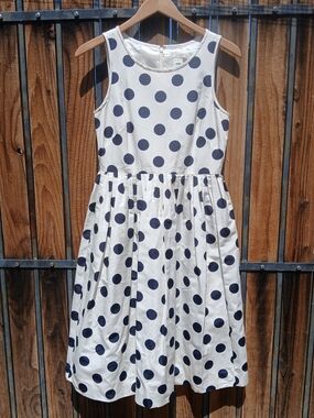J. Crew White Sleeveless Polka Dot Dress with Navy Dots
